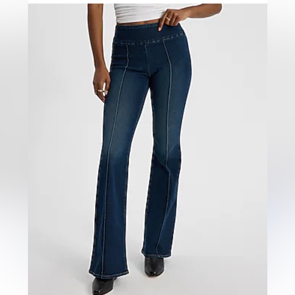 New Express Mid Rise Dark Wash Center Seam Pull-On '70s Flare Jeans Size Xl